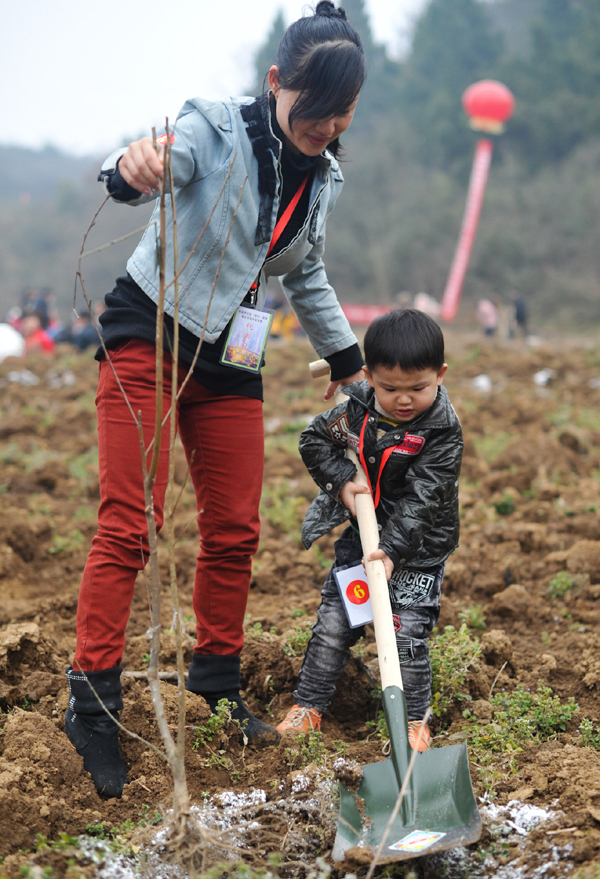 People plant trees on the 34th national Tree Planting Day in Zhangjiajie, Hunan Povince, March 12, 2012. 