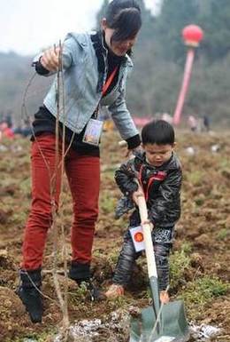 A boy helps her mother plant a tree sapling in Zhangjiajie Valley, a mountainous and forest park in south China Hunan Province.