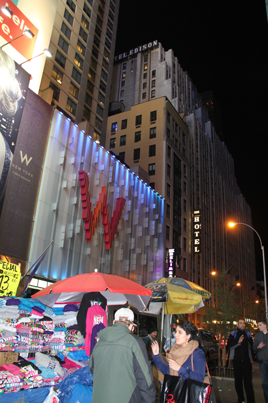 Times Square is a major commercial intersection in Midtown Manhattan, New York City, United States, at the junction of Broadway and Seventh Avenue and stretching from West 42nd to West 47th Streets. [Photo by Li Xiaohua/ China.org.cn]