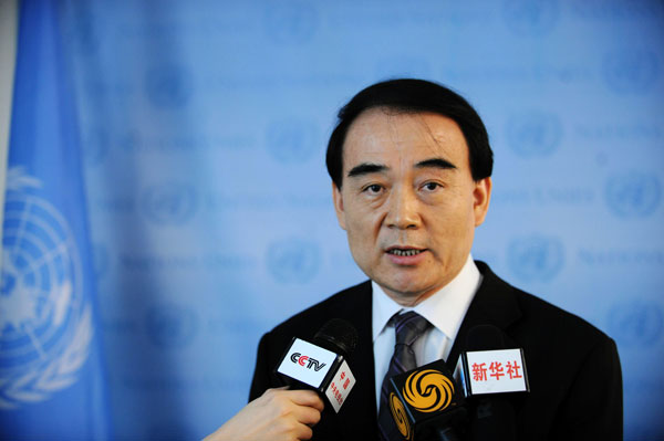 Chinese ambassador to the UN Li Baodong speak to media on March 16. [Xinhua]
