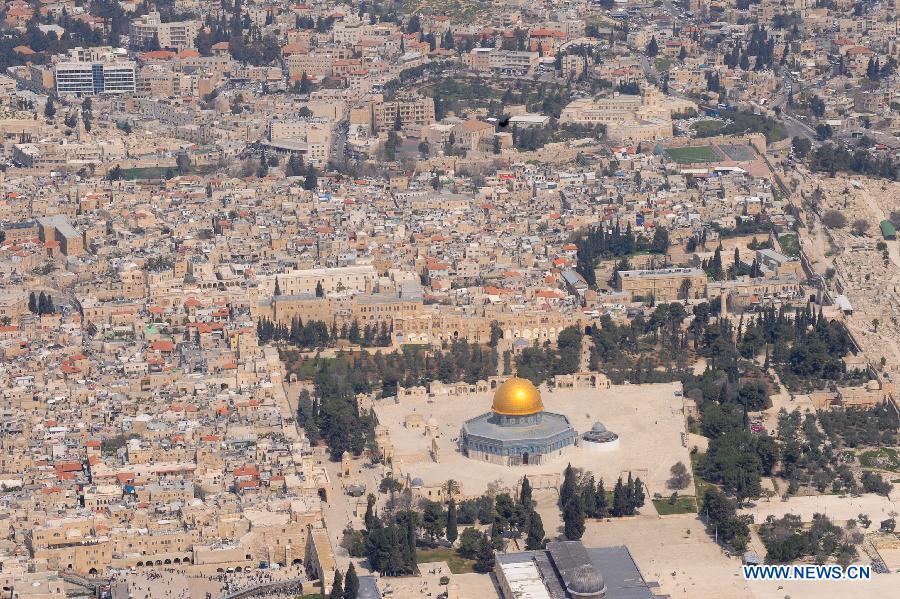 Photo taken on March 26, 2012 shows the bird's-eye view of the old city of Jerusalem. Jerusalem is located in the Judean Mountains between the Mediterranean Sea and the northern edge of the Dead Sea. It is a holy city to the three major religions -- Judaism, Christianity and Islam. Today, the status of Jerusalem remains on the core issues in the Israeli-Palestinian conflict. 