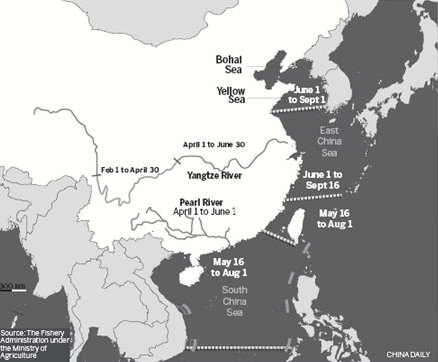 Timing of fishing bans in China's rivers and seas. [China Daily] 