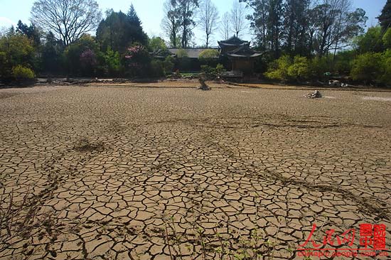 Heilong pond, a symbol of Lijiang, China’s famous tour destination, is dried-up due to the severe drought in Yunan province in recent years. The badly cracked lakebed of Heilong pond destroys the local scenery.