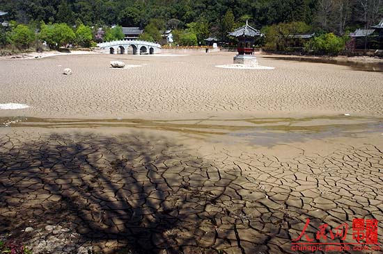 Heilong pond, a symbol of Lijiang, China’s famous tour destination, is dried-up due to the severe drought in Yunan province in recent years. The badly cracked lakebed of Heilong pond destroys the local scenery.