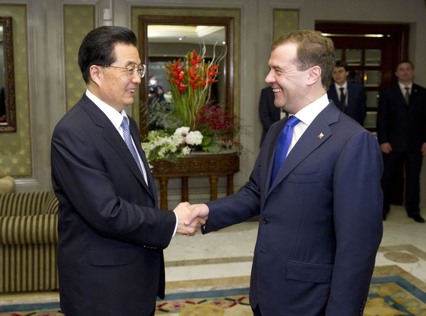 Chinese President Hu Jintao (R) meets with his Russian counterpart Dmitry Medvedev in New Delhi, capital of India, March 28, 2012. [Xinhua photo]