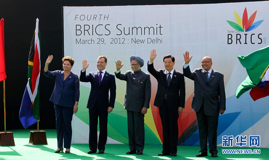 Chinese President Hu Jintao and leaders of BRICS, which groups Brazil, Russia, India, China and South Africa, met in New Delhi Thursday to discuss global governance and sustainable development and to coordinate their stands on major world and regional issues. 