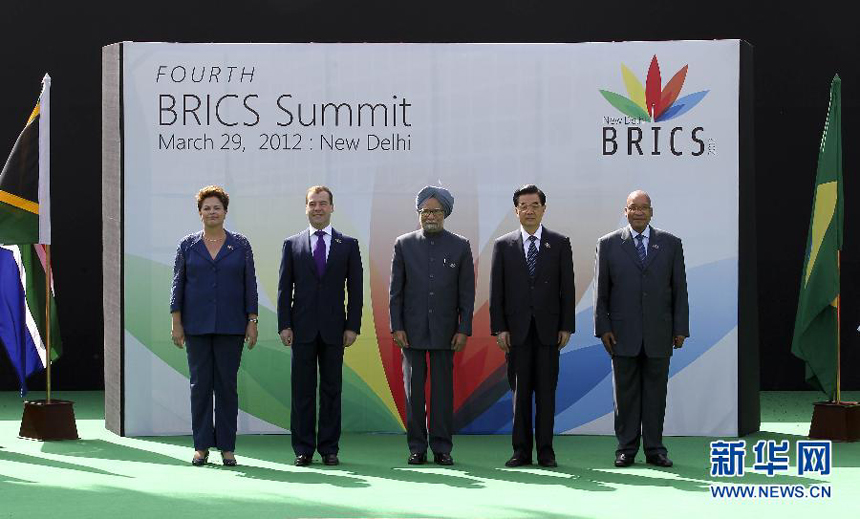 Chinese President Hu Jintao and leaders of BRICS, which groups Brazil, Russia, India, China and South Africa, met in New Delhi Thursday to discuss global governance and sustainable development and to coordinate their stands on major world and regional issues. 