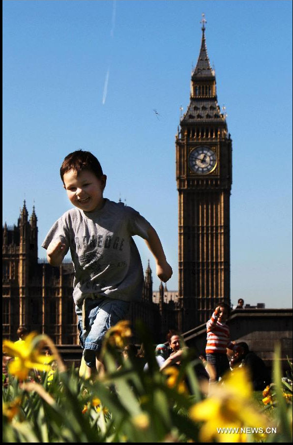 A kid plays in front of the Big Ben in London, Britain, March 27, 2012. Varieties of spring flowers flourish as the northern hemisphere have entered its springtime since March. (Xinhua/Yin Gang) 