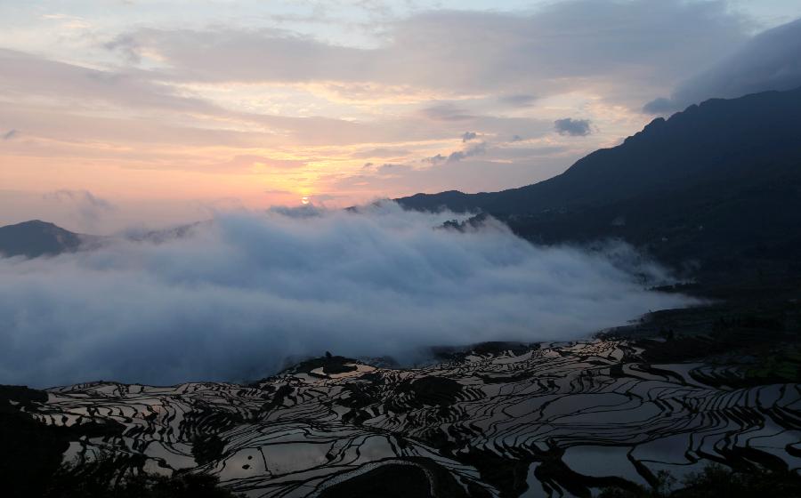 Photo taken on April 9, 2012 shows terrace scenery in Yuanyang County of Honghe Hani-Yi Autonomous Prefecture, southwest China's Yunnan Province. [Xinhua/Liang Zhiqiang]