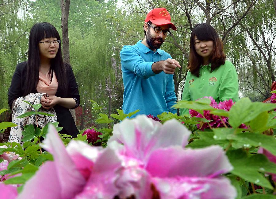 A volunteer from the United States talks with a Chinese college student about the knowledge of peonies before giving introduction to visitors at a garden in Luoyang, capital of central China's Henan Province, April 10, 2012. Peonies of over 1,200 categories will gradually reach the flowering stage this month in Luoyang, a city famous for the peonies. (Xinhua/Wang Song) 