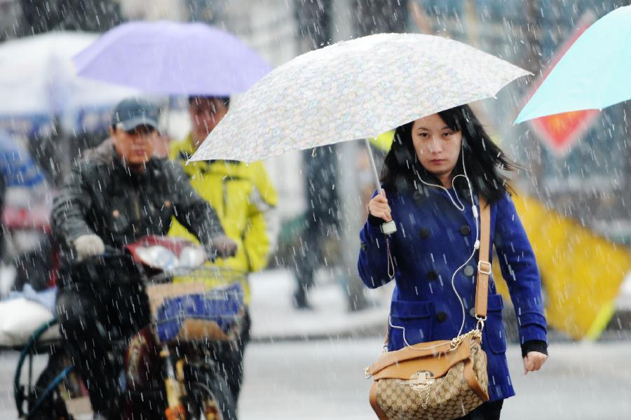 A pedestrian walks in snow in Harbin, capital of northeast China's Heilongjiang Province, April 12, 2012. A snowfall hit the city on Thursday.