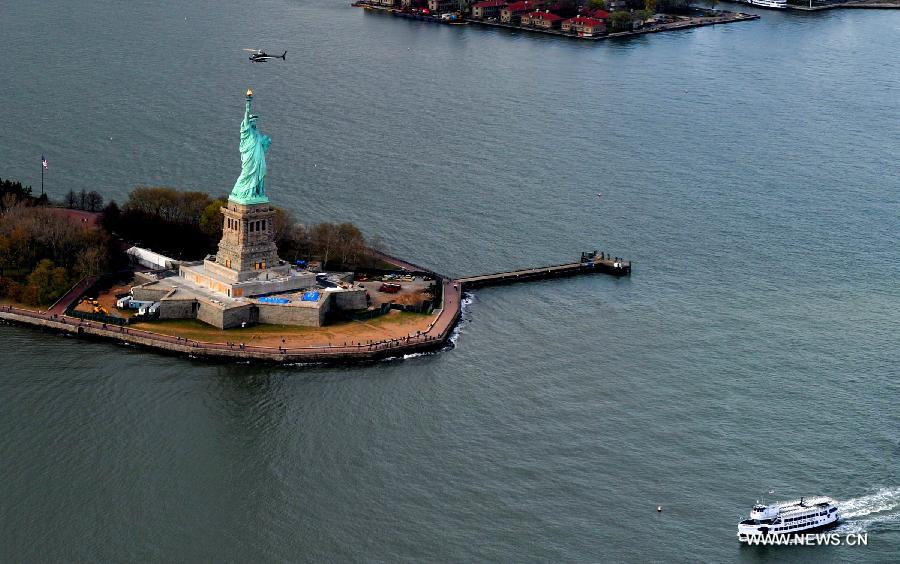 An aerial view of the Freedom Statue is seen in New York City, the United States, April 12, 2012. (Xinhua/Wang Lei) 