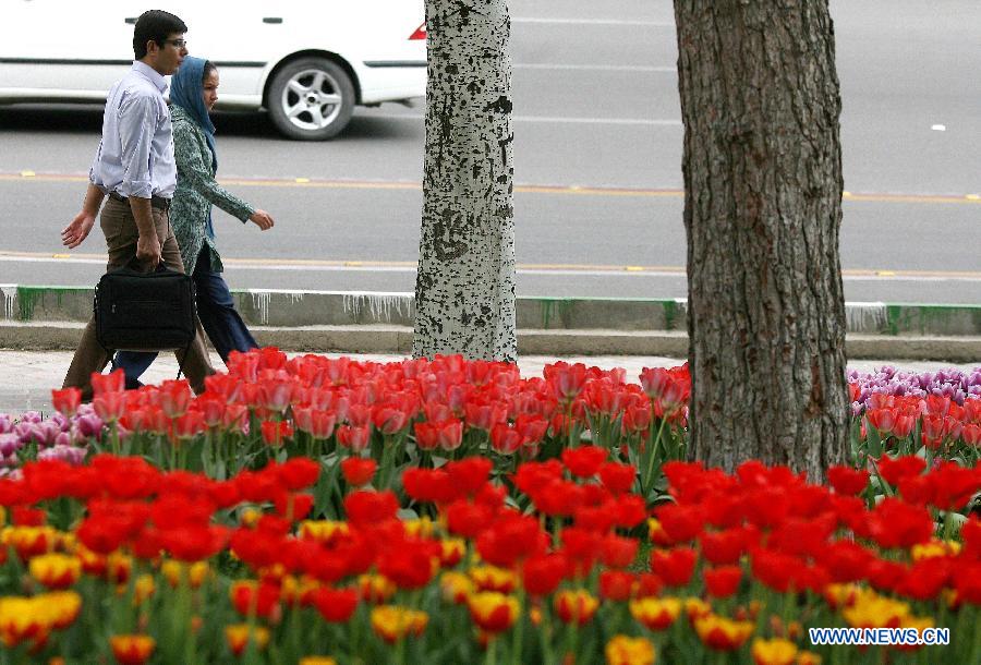 People walk past flowers at a park in Tehran, Iran, on April 12, 2012. Spring flowers blossom here as the temperature keeps rising recently. (Xinhua/Ahmad Halabisaz) 