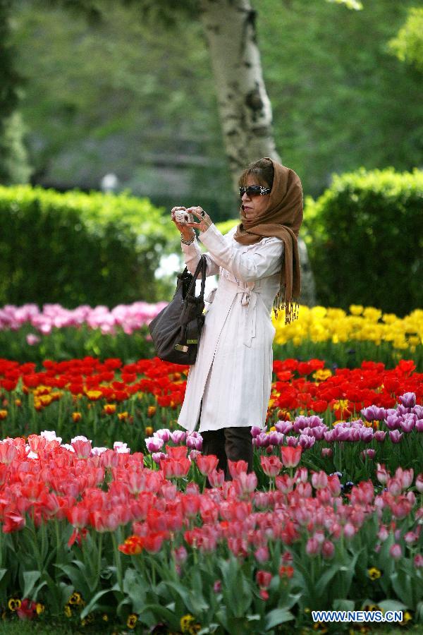 A woman takes photos of flowers at a park in Tehran, Iran, on April 12, 2012. Spring flowers blossom here as the temperature keeps rising recently. (Xinhua/Ahmad Halabisaz) 