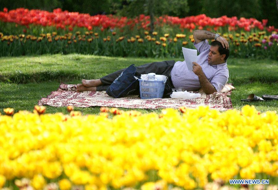  A man rests near flowers at a park in Tehran, Iran, on April 12, 2012. Spring flowers blossom here as the temperature keeps rising recently. (Xinhua/Ahmad Halabisaz) 