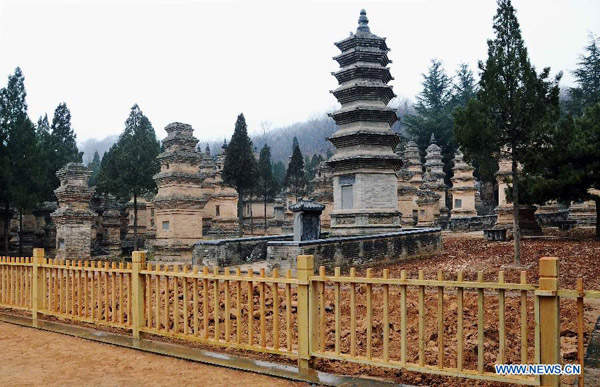 Photo taken on March 15, 2012 shows the fences built to protect the Buddhist pagodas in the famous Shaolin Temple in Dengfeng city, central China's Henan province.[Photo/Xinhua] 