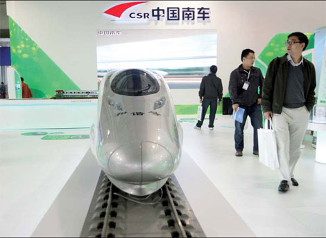 CSR products on display at the Beijing International Orbit Transportation Operation and Equipment Exhibition on Nov 1, 2011. [China Daily]