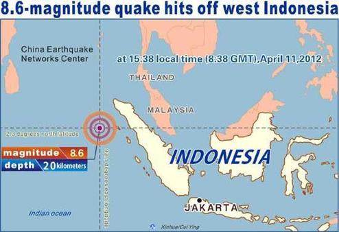 Graphics shows an earthquake measuring 8.6 on the Richter scale jolted off the west coast of Indonesia at 15:38 local time (8:38 GMT), April 11, 2012.