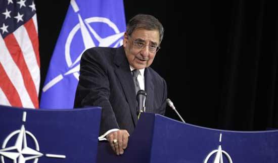 United States Secretary of Defense Leon Panetta speaks during a media conference at NATO headquarters in Brussels on Wednesday, April 18, 2012.
