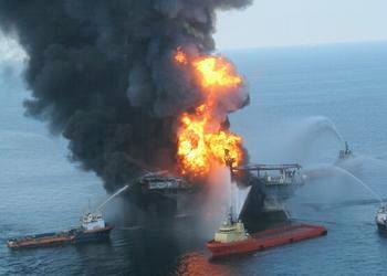 Fire boat response crews battle the blazing remnants of the oil rig Deepwater Horizon, April 21, 2010. [U.S. Coast Guard]