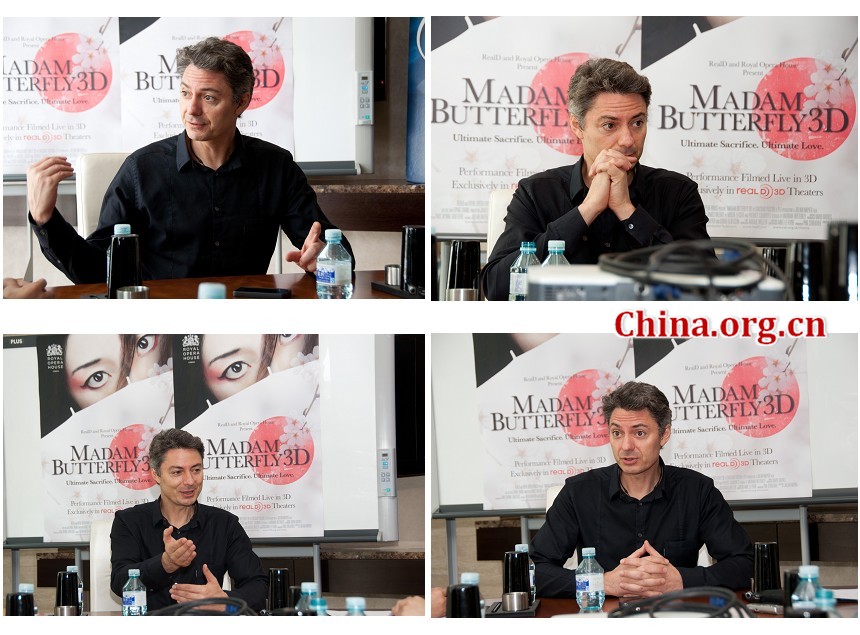 Juan Napier, director of Madam Butterfly 3D, a film that displays the Royal Opera House&apos;s live performance of the Italian composer Giacomo Puccini&apos;s opera, meets the press during the 2nd Beijing International Film Festival. [Chen Boyuan / China.org.cn]