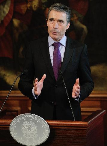 NATO Secretary General Anders Fogh Rasmussen speaks at a press conference after meeting with Italian Prime Minister Mario Monti in Rome, Italy, April 27, 2012. Rasmussen visited Italy on Friday to discuss key aims for the upcoming NATO summit in Chicago on May 20 to 21. [Wang Qingqin/Xinhua]
