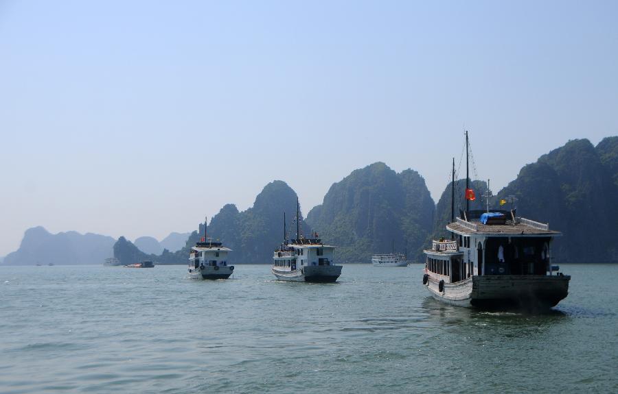 Ships anchor at Vinh Ha Long, a beautiful scenic spot of Vietnam, on May 1, 2012. Ha Long Vinh attracted 24,000 tourists home and abroad on April 29, according to local statistics. (Xinhua/Li Dan) 