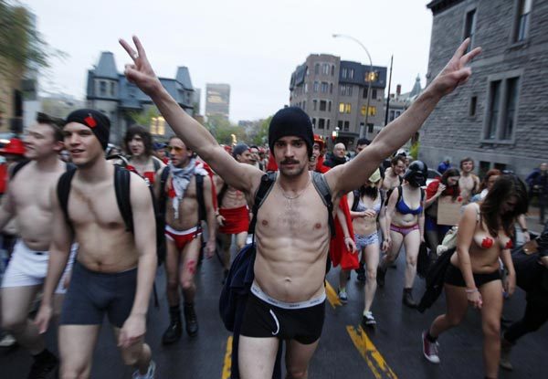 Students march against tuition hikes during a protest in downtown Montreal, Quebec, May 3, 2012. [Photo/Agencies]