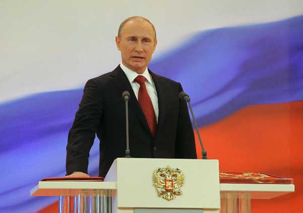 Vladimir Putin speaks during the inauguration ceremony at the Kremlin in Moscow, Russia, May 7, 2012. Putin was sworn in on Monday as Russian president, starting his third term in the Kremlin following the two consecutive terms from 2000 to 2008. [RIA Novosti/Xinhua]