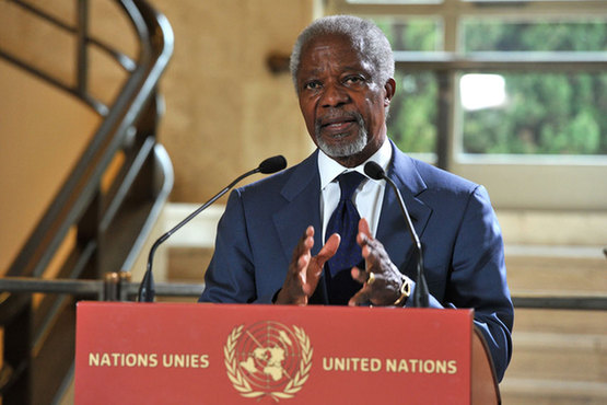 Kofi Annan, Joint Special Envoy of the UN and the Arab League, briefs reporters in Geneva. [UN Photo/V. Martin] 