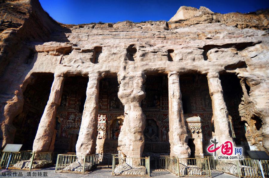 Located at the southern foot of Wuzhou Mountain 16 kilometers west of Datong, Shanxi Province, the Yungang Grottoes were built against the mountain and extend about 1 kilometer from east to west. 