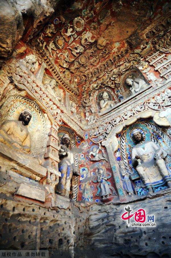 Located at the southern foot of Wuzhou Mountain 16 kilometers west of Datong, Shanxi Province, the Yungang Grottoes were built against the mountain and extend about 1 kilometer from east to west. 