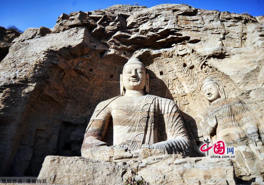 Located at the southern foot of Wuzhou Mountain 16 kilometers west of Datong, Shanxi Province, the Yungang Grottoes were built against the mountain and extend about 1 kilometer from east to west. 