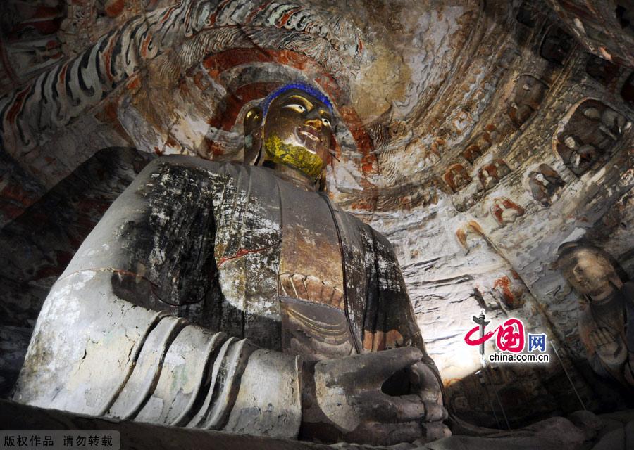 Located at the southern foot of Wuzhou Mountain 16 kilometers west of Datong, Shanxi Province, the Yungang Grottoes were built against the mountain and extend about 1 kilometer from east to west. The construction of the caves was started under the auspices of the noted monk Tan Yao in 453 and took 50 years to complete. [China.org.cn]