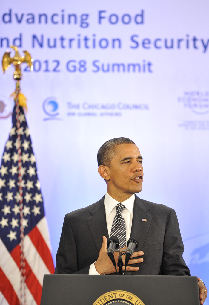 U.S. President Barack Obama delivers a speech during a symposium on Global Agriculture and Food Security in Washington D.C., capital of the United States, May 18, 2012, on the sidelines of the G8 summit.