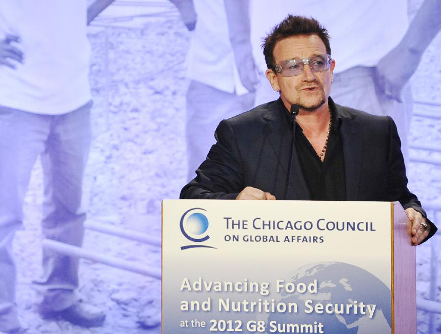 Bono, the lead singer of the rock band U2 and co-founder of ONE, an advocacy organization dedicated to fighting extreme poverty and preventable disease, particularly in Africa, addresses the symposium on Global Agriculture and Food Security in Washington D.C., capital of the United States, May 18, 2012, on the sidelines of the G8 summit. 