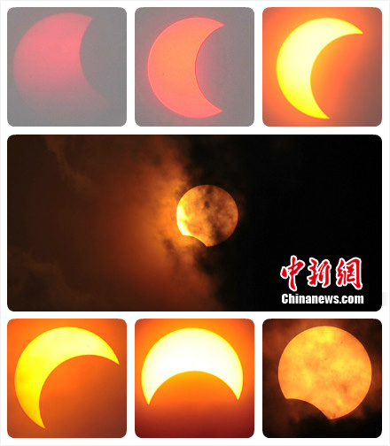 The photo taken on May 21, 2012 shows a partial solar eclipse observed in Beijing. An annular solar eclipse was observed across southeast China early Monday morning. 