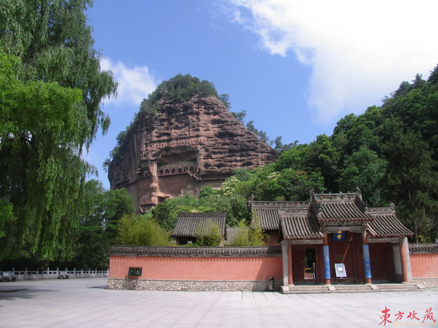 These grottoes (麦积山石窟) are found on the precipices of Maiji Mountain 30 kilometers south of Tianshui County, Gansu Province. Maiji Mountain is a green and graceful peak in the western part of the grand Qinling Range. The grottoes were cut during a period of 1,500 years, from the Later Qin Dynasty (384-417) until the Qing Dynasty (1644-1911). 