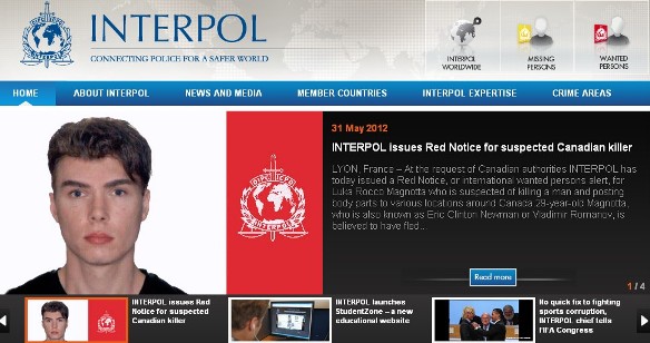 A snapshot of the Interpol's website shows that the worldwide criminal police organization has issued Red Notice for Luka Rocco Magnotta. [Interpol]