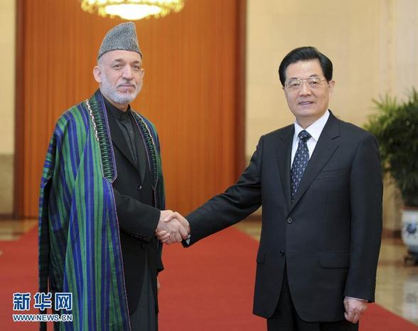 Chinese President Hu Jintao shakes hands with Afghan President Hamid Karzai in the Great Hall of the People in downtown Beijing. 