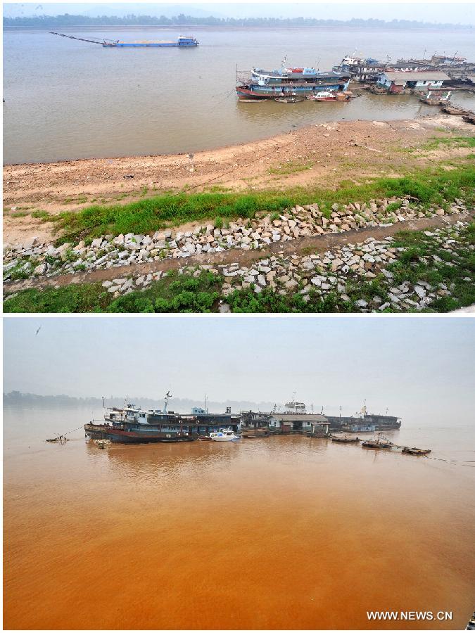 This combined photo shows the Changsha reach of the Xiangjiang River during the dry season and when the flood peak was passing in Changsha, central China's Hunan Province. Xiangjiang River's flood peak passed its Changsha reach smoothly on Wednesday. (Xinhua/Long Hongtao) 