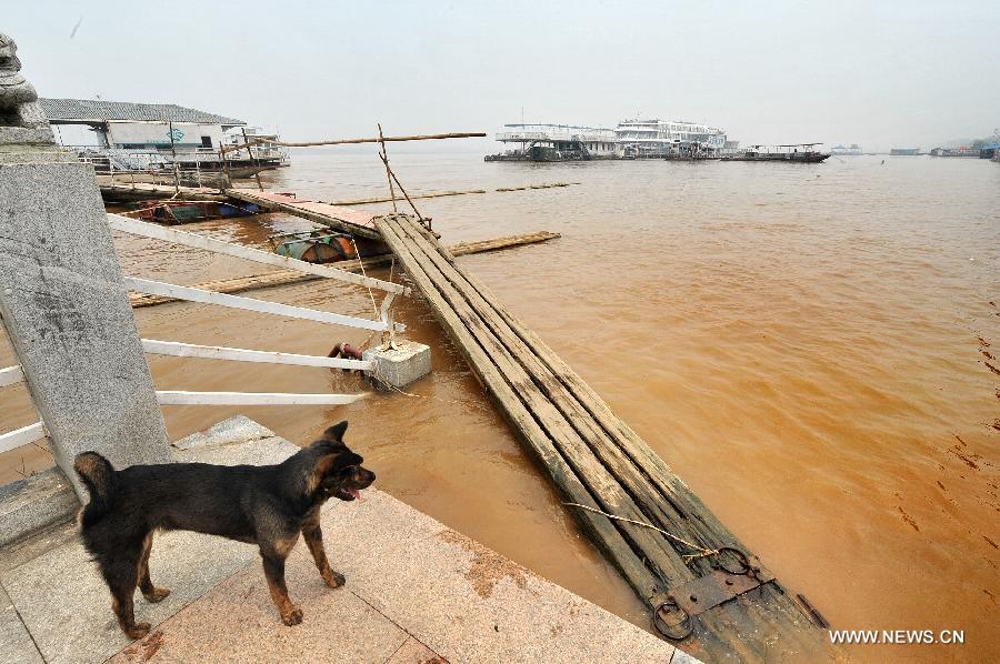 Photo taken on June 13, 2012 shows a handrail submerged in the flood peak of the Changsha reach of Xiangjiang River in Changsha, central China's Hunan Province. Xiangjiang River's flood peak passed its Changsha reach smoothly on Wednesday. (Xinhua/Long Hongtao)