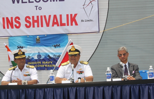 (From left to right) Rear Admiral P. Ajit Kumar, Flag Officer Commanding of the Eastern Fleet, Vice Admiral Anil Chopra, Flag Officer Commanding-in-Chief of Eastern Naval Command and S. Jaishankar, Indian Ambassador to China attended a press conference abroad the Guided Missile Stealth Frigate Shivalik at a port along the Huangpu River in Shanghai on Wednesday. [Pang Li/China.org.cn] 