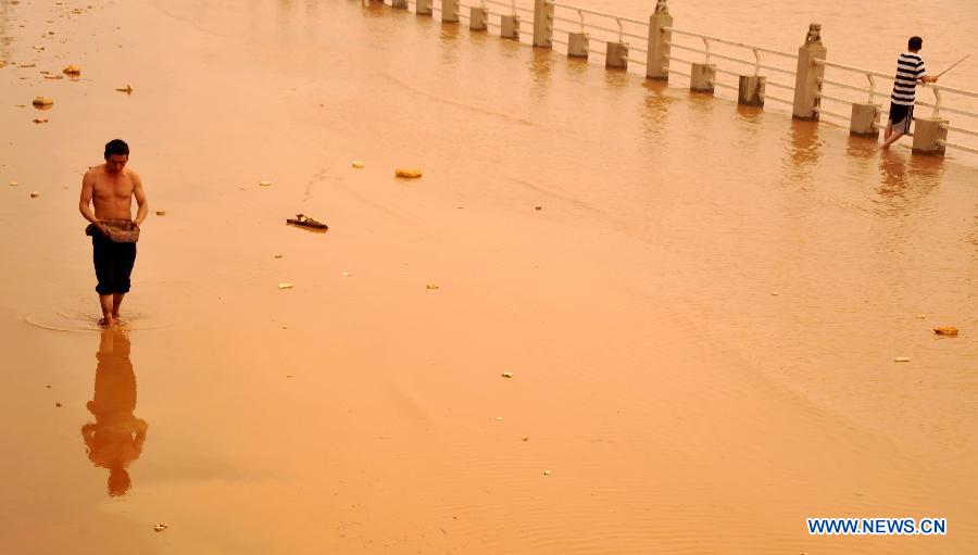 A man wades at the embankment in Changsha, capital of central China's Hunan Province, June 14, 2012. The flood peak of Xiangjiang River passed through Changsha on Wednesday. (Xinhua/Zhao Zhongzhi) 