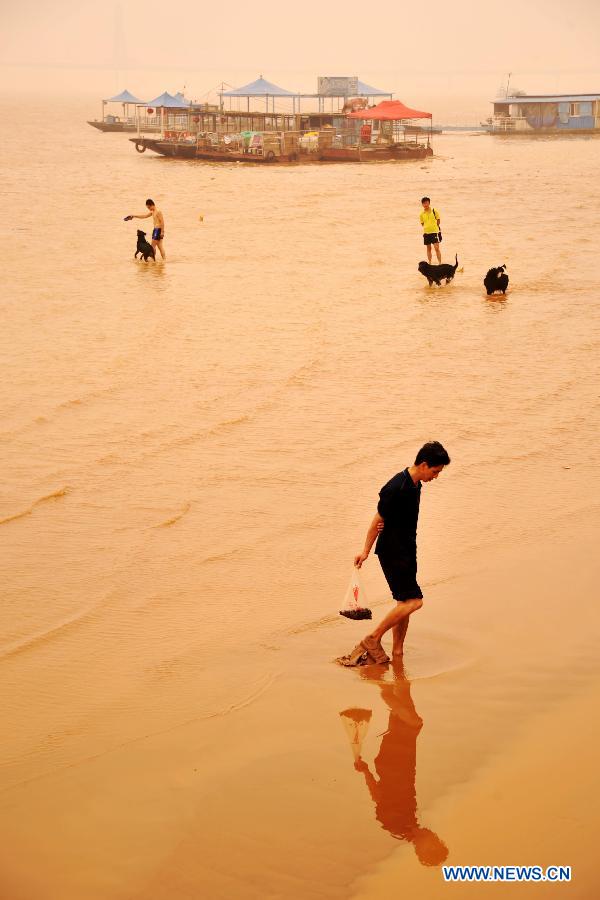 A man picks snails at the embankment in Changsha, capital of central China&apos;s Hunan Province, June 14, 2012. The flood peak of Xiangjiang River passed through Changsha on Wednesday.(Xinhua/Zhao Zhongzhi) 