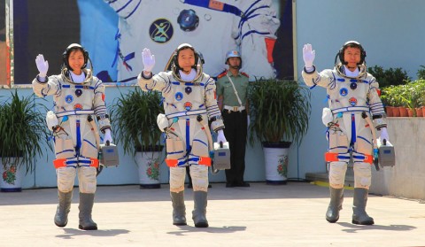 The Jiuquan Satellite Launch Center held a see-off ceremony for China's first female astronaut and two male crew mates, due to board the Shenzhou-9 spacecraft, on Saturday afternoon. Photo/Xinhua