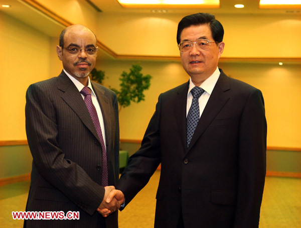 Chinese President Hu Jintao (R) meets with Ethiopian Prime Minister Meles Zenawi in Los Cabos, Mexico, June 17, 2012. [Lan Hongguang/Xinhua] 