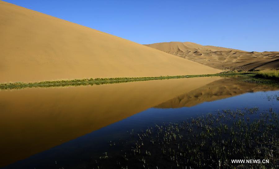 Photo taken on June 19, 2012 shows scenery of the Badain Jaran Desert in Alashan of north China's Inner Mongolia Autonomous Region. The Badian Jaran Desert is 47,000 square km and sparsely populated. It is famous for having the tallest stationary sand dunes in the world. Some dunes reach a height of 500 meters. But it also features spring-fed lakes that lie between the dunes. (Xinhua/Wang Peng) 