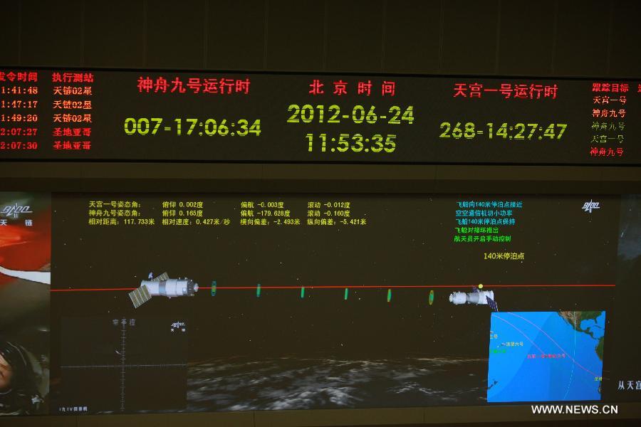 Photo taken on June 24, 2012 shows the screen at the Beijing Aerospace Control Center showing Shenzhou-9 manned spacecraft stopping 140 meters away from the orbiting space lab module Tiangong-1. Astronauts are expected to put the spacecraft under manual control from the previous auto-control mode, and use control handles to operate Shenzhou-9 for the final docking. (Xinhua/Wang Yongzhuo) 