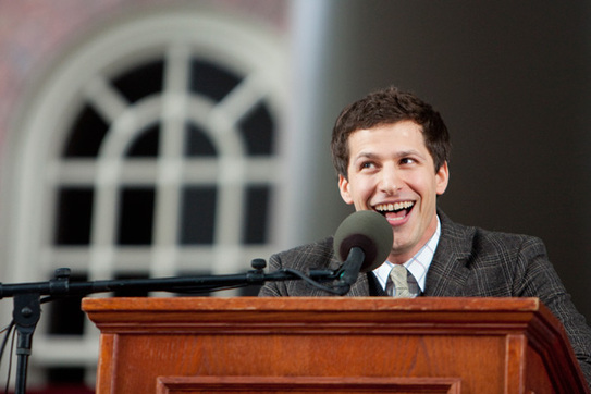Class Day speaker and comedian Andy Samberg's presentation included spot-on impersonations of celebrities such as Nicolas Cage and Mark Wahlberg. His 'message' to the graduating class included: 'So, you guys are graduating. I think that's great. We should do a film together. What do you think? You guys are super smart, right?' [harvard.edu]